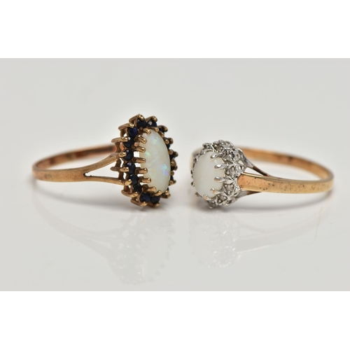 93 - TWO 9CT GOLD CLUSTER RINGS, the first of an elongated oval opal within a surround of circular cut bl... 