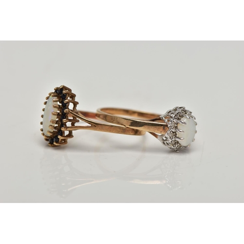 93 - TWO 9CT GOLD CLUSTER RINGS, the first of an elongated oval opal within a surround of circular cut bl... 
