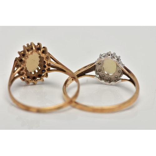 93 - TWO 9CT GOLD CLUSTER RINGS, the first of an elongated oval opal within a surround of circular cut bl... 
