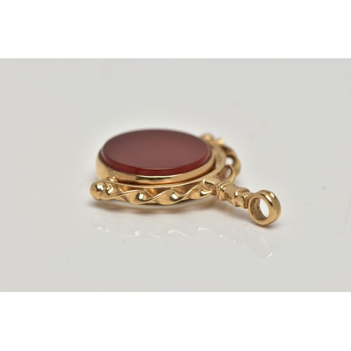 97 - A 9CT GOLD HARDSTONE SWIVEL FOB, the bloodstone and carnelian circular panels, rotating to the scrol... 