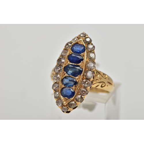 1 - AN 18CT GOLD, LATE VICTORIAN SAPPHIRE AND DIAMOND RING, of a large marquise form set centrally with ... 