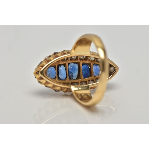 1 - AN 18CT GOLD, LATE VICTORIAN SAPPHIRE AND DIAMOND RING, of a large marquise form set centrally with ... 