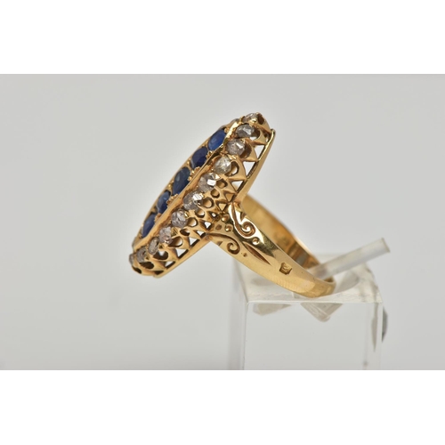 1 - AN 18CT GOLD, LATE VICTORIAN SAPPHIRE AND DIAMOND RING, of a large marquise form set centrally with ... 