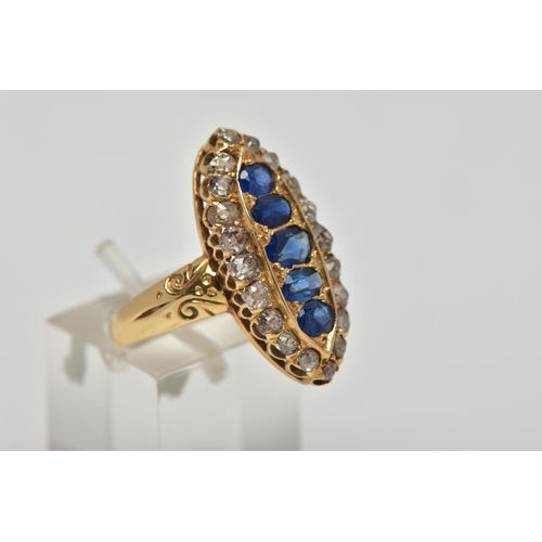 1 - AN 18CT GOLD, LATE VICTORIAN SAPPHIRE AND DIAMOND RING, of a large marquise form set centrally with ... 