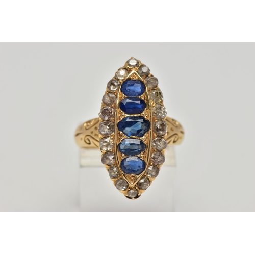 1 - AN 18CT GOLD, LATE VICTORIAN SAPPHIRE AND DIAMOND RING, of a large marquise form set centrally with ... 