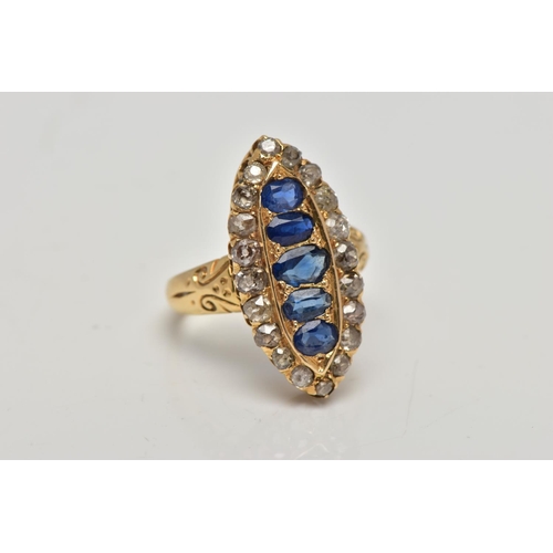 1 - AN 18CT GOLD, LATE VICTORIAN SAPPHIRE AND DIAMOND RING, of a large marquise form set centrally with ... 