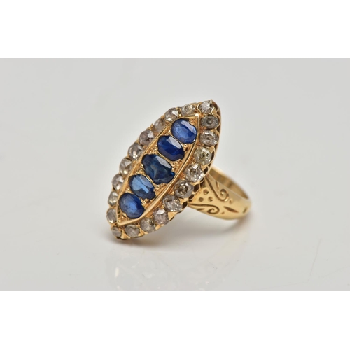 1 - AN 18CT GOLD, LATE VICTORIAN SAPPHIRE AND DIAMOND RING, of a large marquise form set centrally with ... 