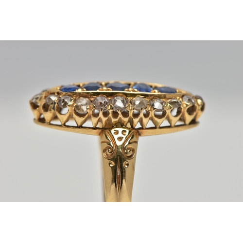 1 - AN 18CT GOLD, LATE VICTORIAN SAPPHIRE AND DIAMOND RING, of a large marquise form set centrally with ... 