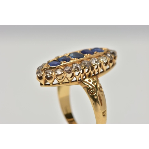 1 - AN 18CT GOLD, LATE VICTORIAN SAPPHIRE AND DIAMOND RING, of a large marquise form set centrally with ... 