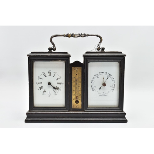 100 - A LATE 19TH CENTURY EBONISED WOOD CLOCK, BAROMETER AND THERMOMETER AF, the French ebonised combinati... 