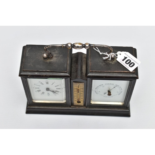 100 - A LATE 19TH CENTURY EBONISED WOOD CLOCK, BAROMETER AND THERMOMETER AF, the French ebonised combinati... 