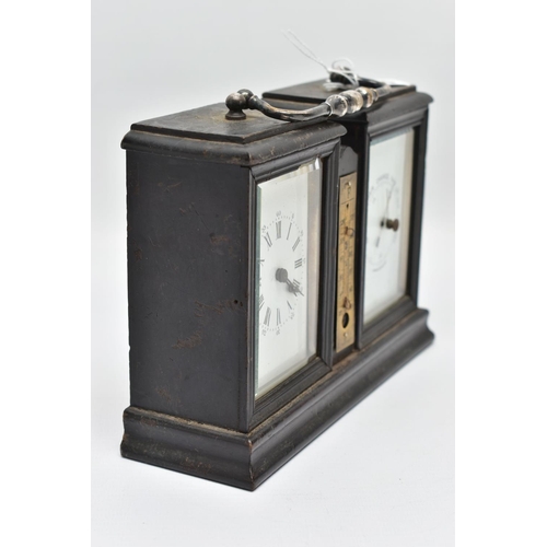 100 - A LATE 19TH CENTURY EBONISED WOOD CLOCK, BAROMETER AND THERMOMETER AF, the French ebonised combinati... 