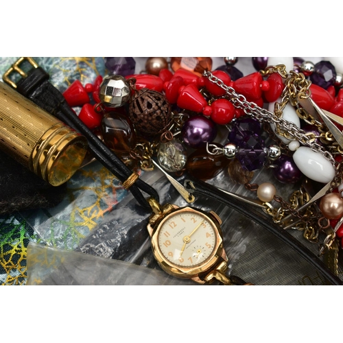 104 - A BOX OF ASSORTED COSTUME JEWELLERY, to include a rolled gold hinged bangle with a floral and bark e... 