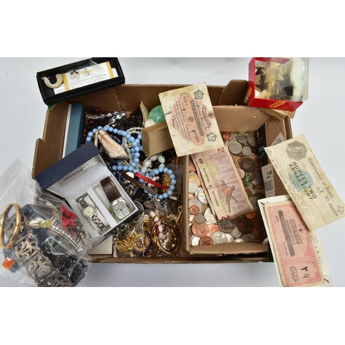 108 - A BOX OF ASSORTED ITEMS, to include a yellow metal slim buckle bangle, detailed with foliage scrolli... 