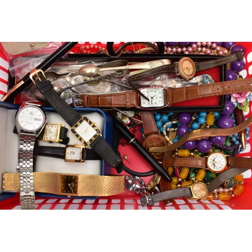 110 - A BASKET OF COSTUME JEWELLERY, to include a pair of 9ct gold leaf designed stud earrings, posts hall... 