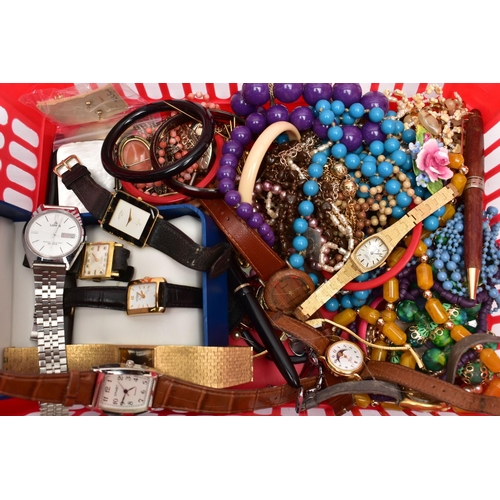 110 - A BASKET OF COSTUME JEWELLERY, to include a pair of 9ct gold leaf designed stud earrings, posts hall... 