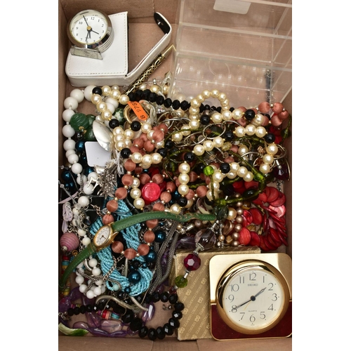 112 - A BOX OF ASSORTED COSTUME JEWELLERY AND CUTLERY, to include an assortment of clip on earrings, names... 