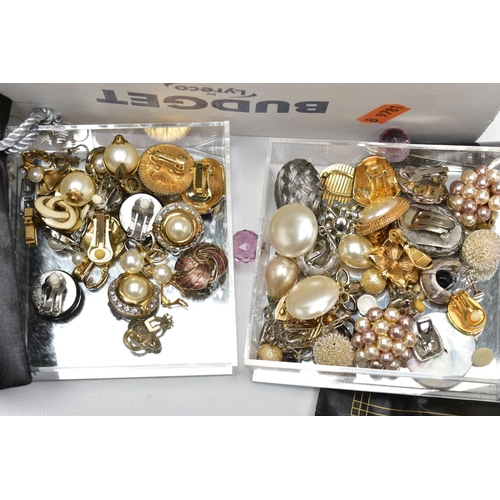 112 - A BOX OF ASSORTED COSTUME JEWELLERY AND CUTLERY, to include an assortment of clip on earrings, names... 