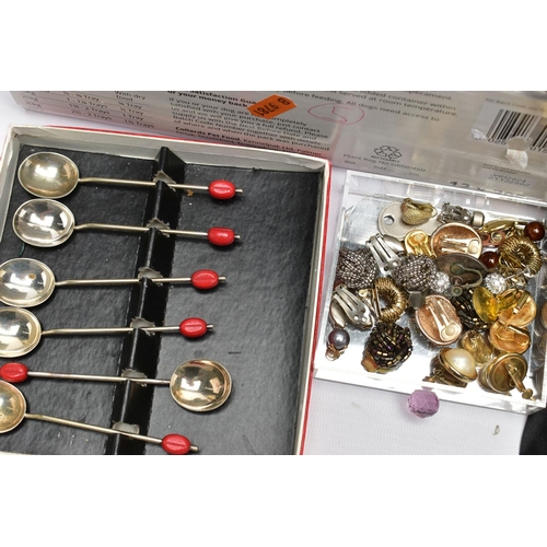 112 - A BOX OF ASSORTED COSTUME JEWELLERY AND CUTLERY, to include an assortment of clip on earrings, names... 