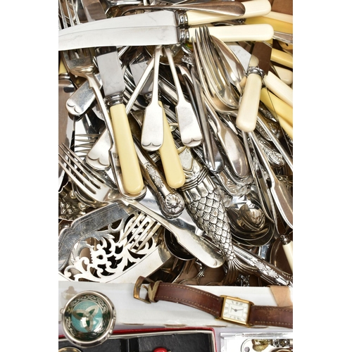 112 - A BOX OF ASSORTED COSTUME JEWELLERY AND CUTLERY, to include an assortment of clip on earrings, names... 