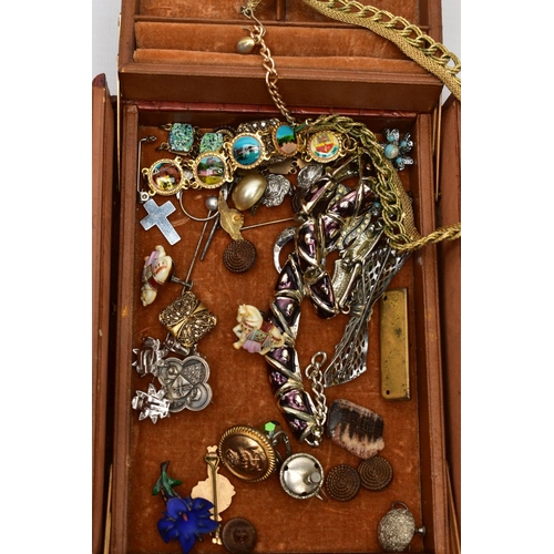 115 - A BOX OF ASSORTED ITEMS, to include a large Middle Eastern ornate white metal belt buckle with gold ... 