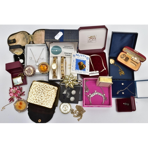 116 - A BOX OF ASSORTED COSTUME JEWELLERY AND ITEMS, to include a boxed pair of 9ct on silver cufflinks, e... 