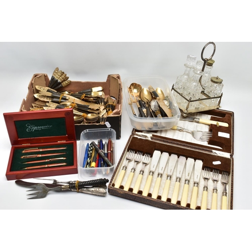 123 - A BOX OF ASSORTED CUTLERY AND PENS, to include a 'Walker & Hall Ltd' fish cutlery set, complete with... 