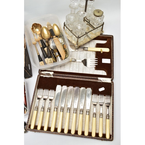 123 - A BOX OF ASSORTED CUTLERY AND PENS, to include a 'Walker & Hall Ltd' fish cutlery set, complete with... 