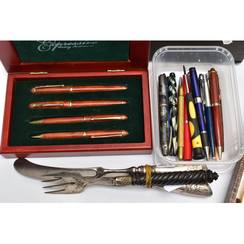 123 - A BOX OF ASSORTED CUTLERY AND PENS, to include a 'Walker & Hall Ltd' fish cutlery set, complete with... 