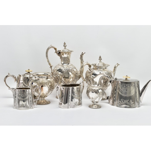 124 - TWO WHITE METAL TEA SETS, the first comprising of a coffee pot, a tea pot, milk jug and sugar bowl, ... 