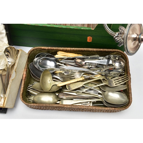 125 - A BOX OF ASSORTED ITEMS, to include a selection of white metal tableware, cased spoons, a large sele... 