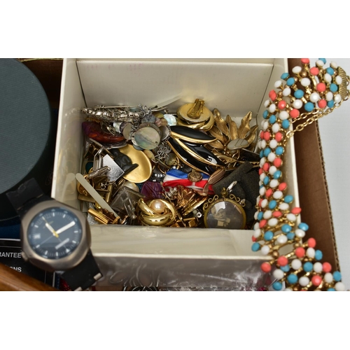 126 - A BOX OF ASSORTED ITEMS, to include a pair 9ct & silver engine turned pattern cufflinks, an enamel w... 