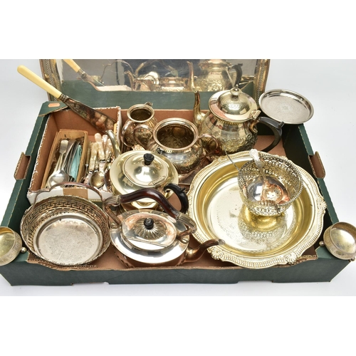 127 - A THREE PIECE TEA SERVICE SET, WITH FURTHER WHITE METAL CUTLERY AND SERVING TRAYS, the tea service c... 