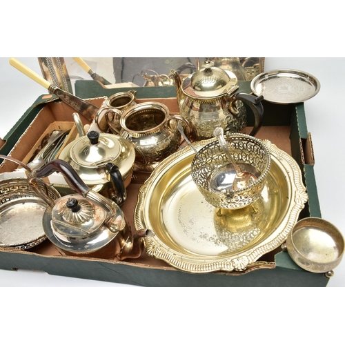 127 - A THREE PIECE TEA SERVICE SET, WITH FURTHER WHITE METAL CUTLERY AND SERVING TRAYS, the tea service c... 