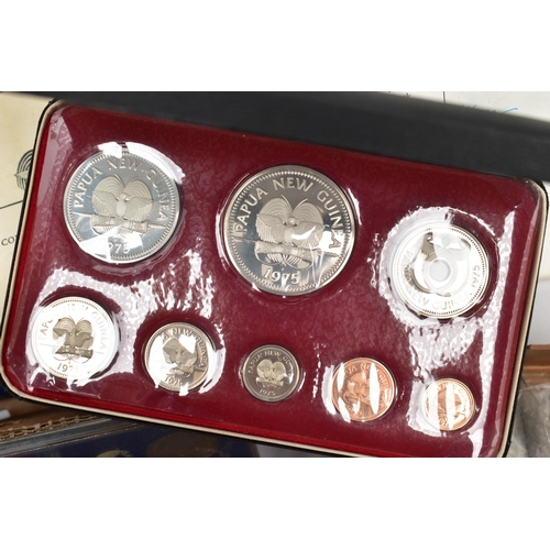 131 - A VEG BOX CONTAINING COIN SETS AND LOOSE COINAGE, to include Bahamas, Turks and Caicos Prince Charle... 