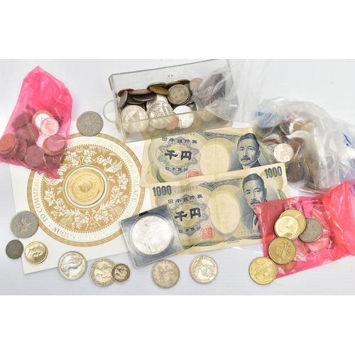 133 - A SMALL BOX CONTAINING MAINLY 20TH CENTURY WORLD COINS, to Include two Japan 1000 Yen 1990s Banknote... 