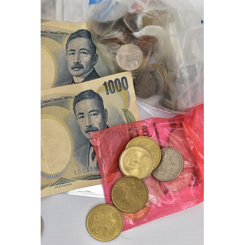 133 - A SMALL BOX CONTAINING MAINLY 20TH CENTURY WORLD COINS, to Include two Japan 1000 Yen 1990s Banknote... 