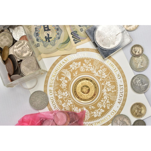 133 - A SMALL BOX CONTAINING MAINLY 20TH CENTURY WORLD COINS, to Include two Japan 1000 Yen 1990s Banknote... 