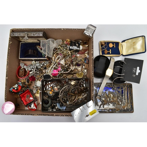 135 - A BOX OF ASSORTED COSTUME JEWELLERY AND ITEMS, to include a metal tin with a small amount of costume... 