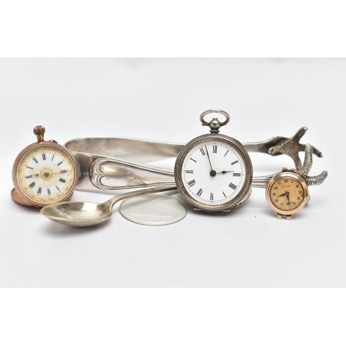 136 - A 9CT GOLD WATCH HEAD, A YELLOW METAL OPEN FACE POCKET WATCH AND OTHER ITEMS, a rose gold watch head... 