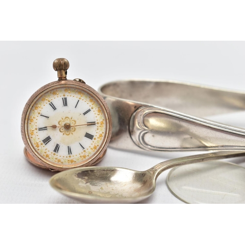 136 - A 9CT GOLD WATCH HEAD, A YELLOW METAL OPEN FACE POCKET WATCH AND OTHER ITEMS, a rose gold watch head... 