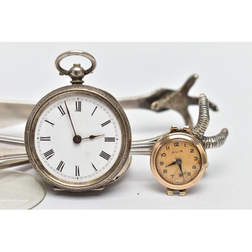 136 - A 9CT GOLD WATCH HEAD, A YELLOW METAL OPEN FACE POCKET WATCH AND OTHER ITEMS, a rose gold watch head... 