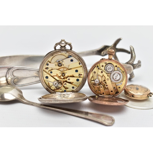 136 - A 9CT GOLD WATCH HEAD, A YELLOW METAL OPEN FACE POCKET WATCH AND OTHER ITEMS, a rose gold watch head... 