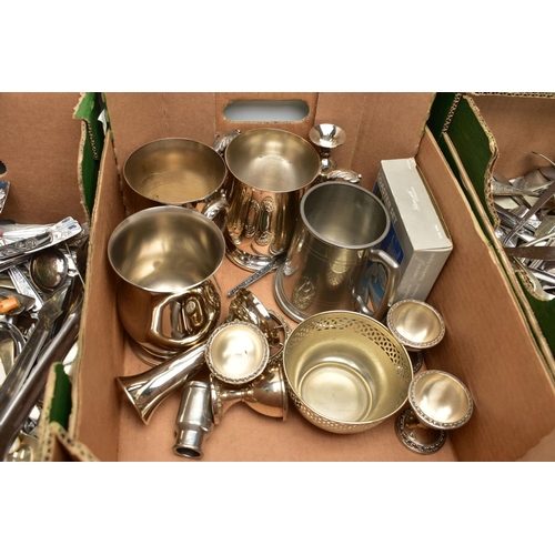 137 - THREE BOXES OF ASSORTED WHITE METAL WARE, to include tankards, goblets, posy vases, rose bowls and a... 