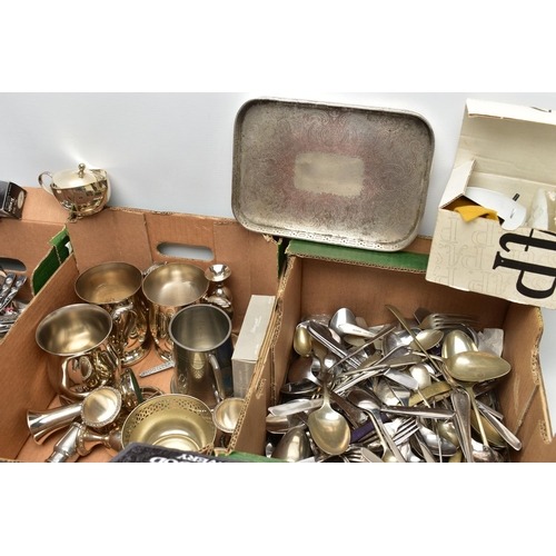 137 - THREE BOXES OF ASSORTED WHITE METAL WARE, to include tankards, goblets, posy vases, rose bowls and a... 