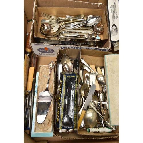 138 - THREE BOXES OF ASSORTED WHITE METAL WARE, to include tea pots, coffee pots, pepperettes, rose bowl, ... 