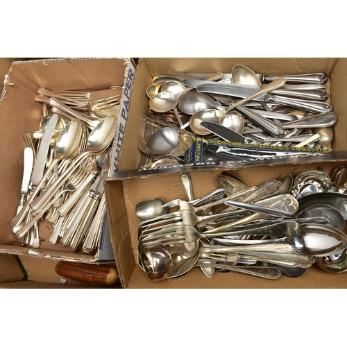 138 - THREE BOXES OF ASSORTED WHITE METAL WARE, to include tea pots, coffee pots, pepperettes, rose bowl, ... 