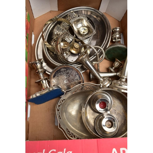 138 - THREE BOXES OF ASSORTED WHITE METAL WARE, to include tea pots, coffee pots, pepperettes, rose bowl, ... 