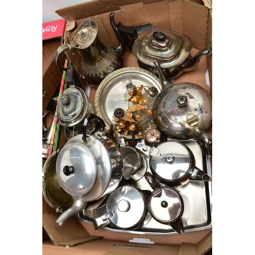 138 - THREE BOXES OF ASSORTED WHITE METAL WARE, to include tea pots, coffee pots, pepperettes, rose bowl, ... 