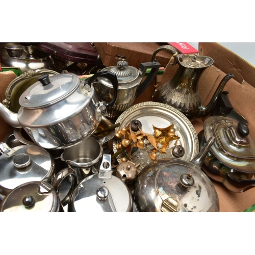 138 - THREE BOXES OF ASSORTED WHITE METAL WARE, to include tea pots, coffee pots, pepperettes, rose bowl, ... 